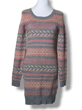 Pink Rose Patterned Long Sleeve Sweater Dress - Size Medium